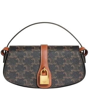 Celine Triomphe Canvas And Calfskin Clutch On Strap - Black
