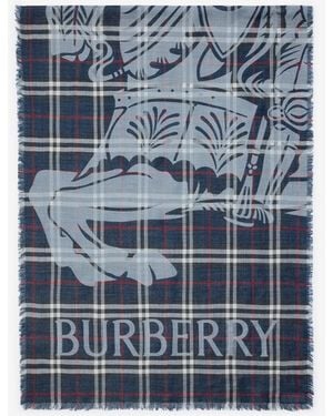 Burberry Wide Knight Check Wool Silk Scarf - Blue