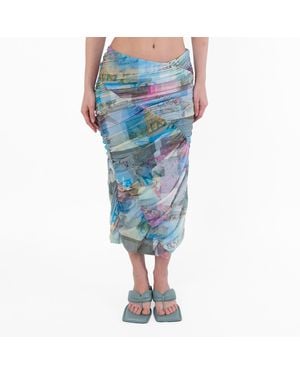 Ganni Ladies Wild Orchid Wild Orchid-Print Ruched Midi Skirt - Blue