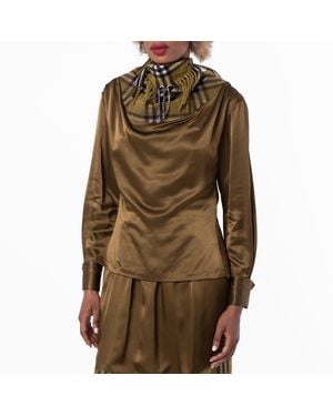 Burberry Satin And Check Scarf Panelled Top, Brand Size 2 Us - Brown