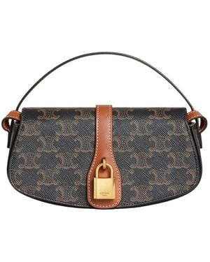 Celine Triomphe Canvas And Calfskin Clutch On Strap - Black