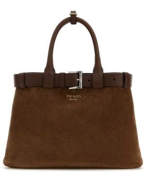 Prada Suede Buckle Medium Handbag - Brown