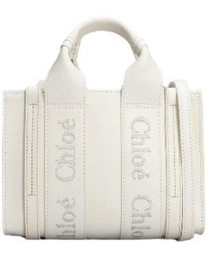 Chloé Mini Woody Leather Tote Bag - White