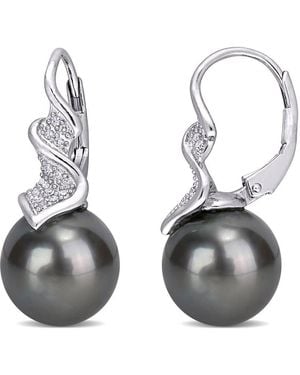Amour 9-9.5Mm Tahitian Cultured Pearl And 1/6 Ct Tw Diamond Leverback Earrings - Gray