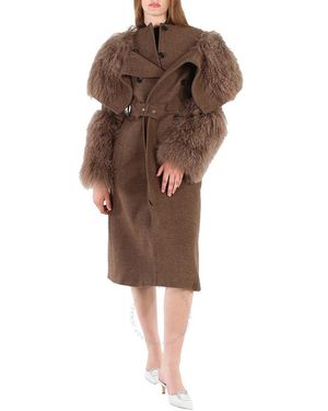 Burberry Dark Mahogany Shearling Trim Wool Cashmere Double-breasted Trench Coat - Brown