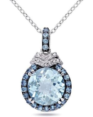 Amour 4 3/4 Ct Tgw Sky And London Topaz And Diamond Halo Pendant With Chain - Blue