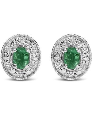 Haus of Brilliance 14K Oval Emerald & 1/10 Cttw Diamond Halo Stud Earrings (I-J Colour, I1-I2 Clarity) - Green