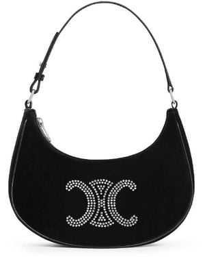Celine Ava Triomphe Strass Velvet Shoulder Bag - Black