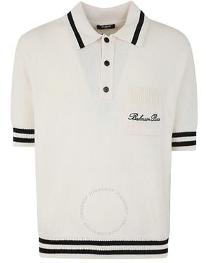 Balmain Logo Embroidered Knitted Polo Shirt - White