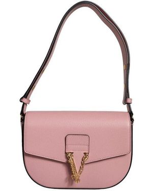 Versace Grainy Calf Leather Logo Crossbody Shoulder Bag - Pink