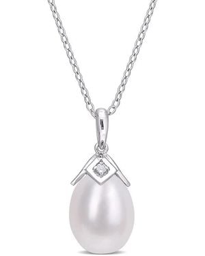 Amour 8.5-9Mm Freshwater Cultured Pearl And Created Sapphire Drop Pendant With Chain - Metallic