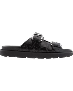 Ferragamo Ferragamo Croc-Embossed Double Strap Leather Sandals, Size 9 Ee - Black
