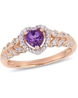 Amour 3/8 Ct Tgw Heart Shaped Amethyst And Diamond Halo Heart Shaped Ring - Pink