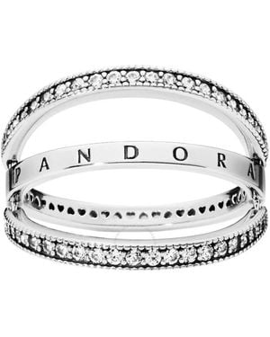 PANDORA Signature Logo And Hearts Sterling Ring - Metallic