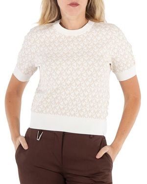Michael Kors Ladies Bone Logo Jacquard Short-Sleeve Jumper - White
