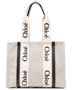 Chloé Medium Woody Linen Logo Tote Bag - Metallic