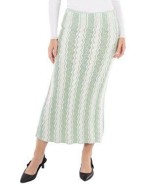 Jil Sander Ladies Acid Chenille-Trimmed Striped Cotton-Blend Midi Skirt - Green