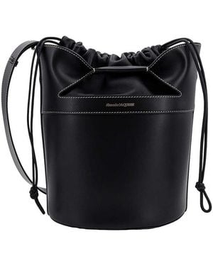 McQueen Logo-Stamp Leather Bucket Bag - Black