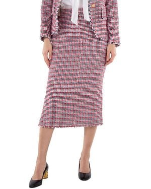 Thom Browne Ladies Check Summer Tweed Fray Maxi Low Rise Pencil Skirt - Purple