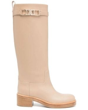 Ferragamo Ornament Square Gancini Boots - Natural