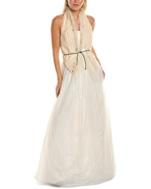 Brunello Cucinelli Champagne Halter Gown With Fringe, Size Medium - Natural