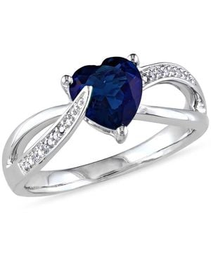 Amour Created Sapphire And Diamond Heart Crossover Ring - Blue