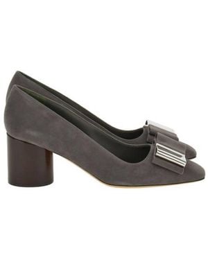 Ferragamo Lena 60 Bow Suede Pumps - Gray