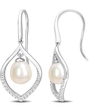 Amour 8-8.5Mm Freshwater Cultured Pearl And 1/3 Ct Tgw Sapphire Open Hook Earrings - Metallic