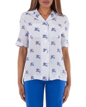 Burberry Tabi Ekd Monogram Silk Pyjama Shirt, Brand Size 8 Us - Blue