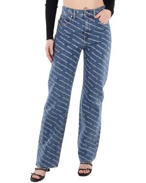 T By Alexander Wang Logo-Print Sequined Mid-Rise Straight Leg Cotton Pants - Blue