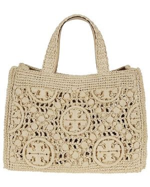 Tory Burch T Monogram Raffia Square Tote - Metallic