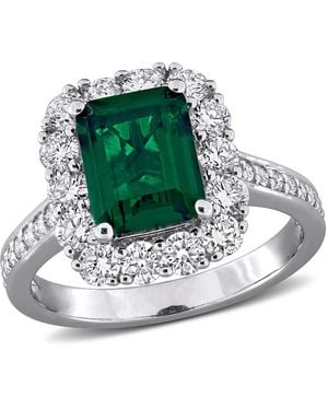Created Forever 2 1/3Ct Tgw Created Emerald And 1 1/6Ct Tw Lab-Grown Diamond Halo Ring - Green