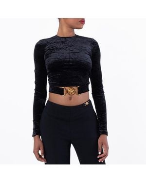 Versace Velvet Logo Plaque Crop Top, Brand Size 38 Us - Black