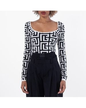 Balmain Monogram Scoop Back Knitted Bodysuit, Brand Size 36 Us - Black