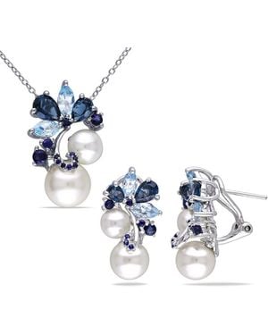 Amour 2-Pc Set Of 5 3/4 Ct Tgw London And Sky Topaz, Sapphire And Cultured Freshwater Pearl Cluster Earrings And Pendant With Chain - Blue