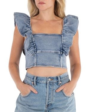 Ganni Stretch Denim Cropped Ruffle Top, Brand Size 36 (Us - Blue
