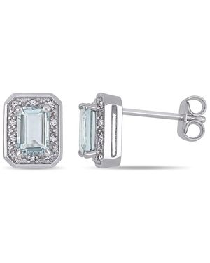 Amour 1/10 Ct Tw Diamond And Emerald Cut Aquamarine Halo Earrings - Metallic