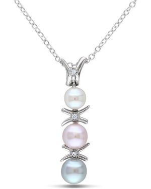 Amour And Cultured Freshwater Pearl And Diamond Drop Pendant With Chain - Metallic