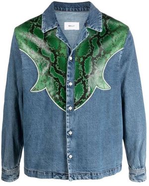 Bally Snakeskin Panelled Denim Shirt - Green
