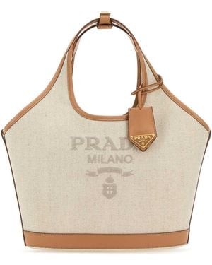 Prada Linen Blend And Leather Tote Bag - Grey