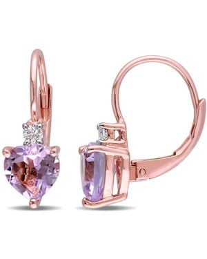 Amour Heart Shaped Rose De France And Created Sapphire Leverback Earrings - Pink