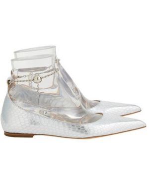 Ferragamo Snake-Embossed Pointed-Toe Ballet Flats - White