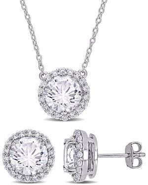 Amour 8 1/3 Ct Tgw Created Sapphire Halo Earring & Pendant Set - White