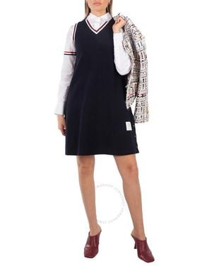 Thom Browne Stripe V-Neck Classic Pique Tennis Dress - Black