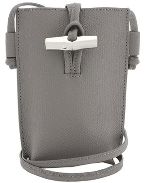 Longchamp Le Roseau Leather Phone Case With Strap - Gray