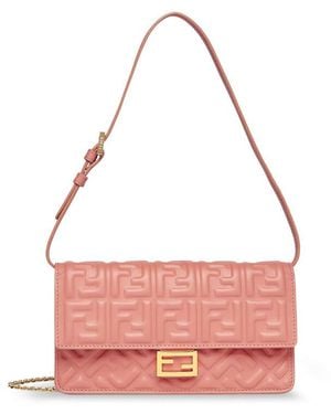 Fendi Wallet On Chain Baguette Leather Bag - Pink