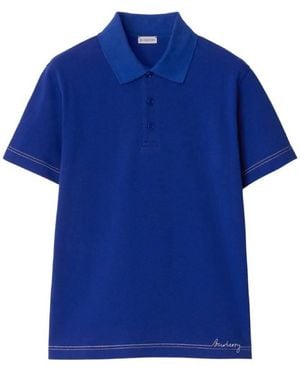 Burberry Logo Embroidered Cotton Polo Shirt - Blue