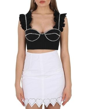 Area Ladies Crystal Embellished Poplin Ruffle Bustier Cropped Top - Black
