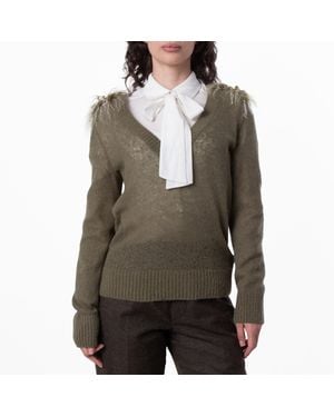 Burberry Wool Blend V-Neck Jumper With Shearling Detail - Green