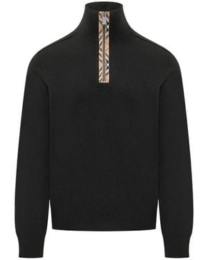 Burberry Check Trim Wool Half-Zip Jumper - Black